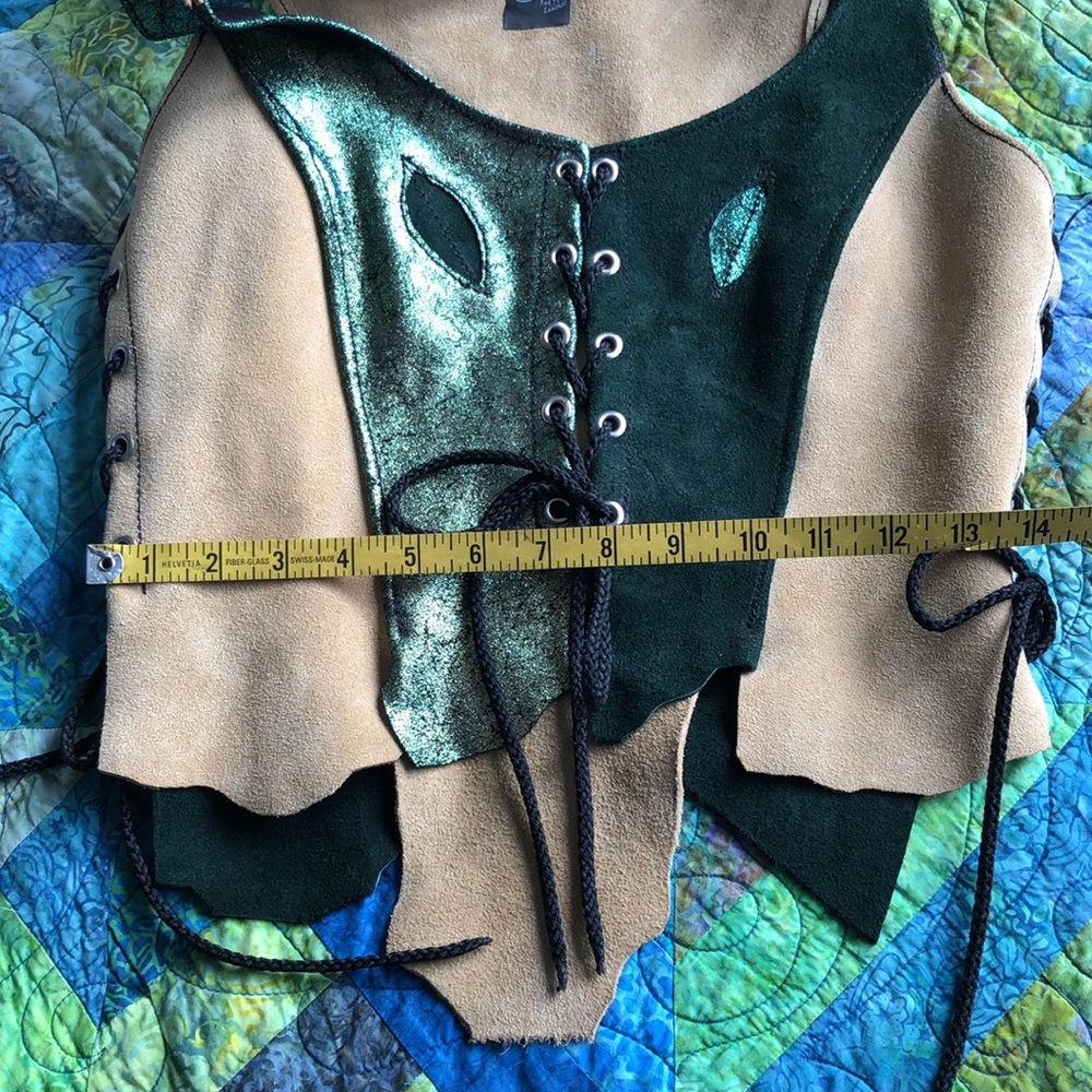 S/M Red Paw Hooded Suede Bodice Elven Leaf Details Patchwork Lace Up - Picture 3 of 8